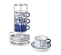 vancasso SELENE Tasses à Café Espresso avec Soucoupe - 4 x 150 ml - Mug en Porcelaine et Support pour Thé, Café, Cappuccino - Résistants au Lave-vaisselle et au Micro-ondes - Bleu et Blanc Vintage