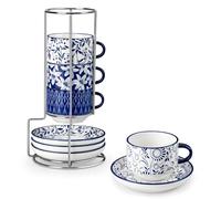vancasso SELENE Tasses à Café Espresso avec Soucoupe - 4 x 270 ml - Mug en Porcelaine et Support pour Thé, Café, Cappuccino - Résistants au Lave-vaisselle et au Micro-ondes - Bleu et Blanc Vintage
