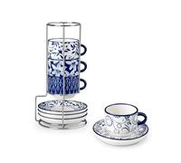 vancasso SELENE Tasses à Café Espresso avec Soucoupe - 4 x 90 ml - Mug en Porcelaine et Support pour Thé, Café, Cappuccino - Résistants au Lave-vaisselle et au Micro-ondes - Bleu et Blanc Vintage