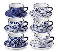 vancasso SELENE Tasses à Café Espresso et Mugs et Soucoupes - 6 x 240 ml - Mug en Porcelaine à anses pour Thé, Café, Cappuccino - Résistants au Lave-vaisselle et au Micro-ondes - Bleu et Blanc Vintage