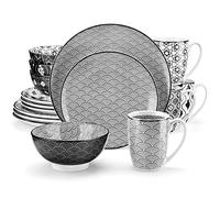 Vancasso, série Haruka, 16 pièces, pour 4 personnes, 4 * assiette plate, 4 * assiette à dessert, 4 * bol céréal, 4 tasses, en porcelaine, style japonais