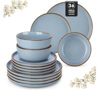 vancasso Série LOIRE Service de Table 12 Personnes, Vaisselle en Grès 36 Pièces - 12 Assiettes Plates, 12 Assiettes à Dessert et 12 Bols - Adapté au Lave-Vaisselle et au Micro-Ondes, Glaçure Bleu