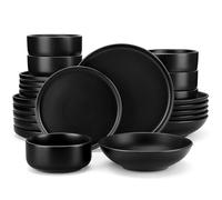 vancasso Série PLAYA Assiettes Service de Table 24 Pièces, 6 Assiettes Plates, 6 Assiettes à Salade, 6 Assiettes Creuses et 6 Saladiers, Service de Table 6 Personnes, Couleur Noir