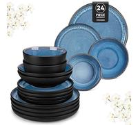 vancasso Série PLAYA Assiettes Service de Table 6 Personnes - Vaisselle 24 Pièces en Grès - 6x Assiettes Plates, à Dessert, Creuses et Bols à Céréales - Adapté au Micro-Ondes, Glaçure Bleu