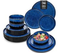 vancasso Série STARRY Service de Table 36 Pièces en Porcelaine, Service Vaisselle 12 Personnes, avec 12 Assiettes Plates, 12 Assiettes à Dessert, 12 Bols à Céréales, Bleu à Émail Réactif