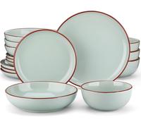 vancasso Service combiné de 16 pièces en faïence, Set de vaisselle de style moderne, Set avec assiette plate, assiette à gâteau, bol à soupe et bols multi-usages, vert clair