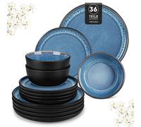 vancasso Service de table, 36 pièces service combiné en faïence, set de vaisselle avec set d'assiettes, bol pour 12 personnes, bleu