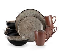 vancasso Service de Table 4 Personnes, Service de Vaisselle en Grès 16 Pièces - 4 Assiettes Plates, 4 Assiettes à Dessert, 4 Bols à Céréales, 4 Tasses Mugs - Glaçure Brun, Compatible Micro-Ondes