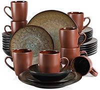 vancasso Service de Table 8 Personnes, Service de Vaisselle en Grès 32 Pièces - 8 Assiettes Plates, 8 Assiettes à Dessert, 8 Bols à Céréales, 8 Tasses Mugs - Glaçure Brun, Compatible Micro-Ondes