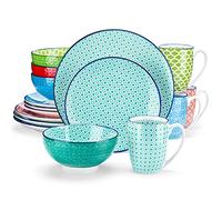 vancasso Service de table combiné en porcelaine - 16 pièces - Macaron - Avec 4 assiettes plates, 4 assiettes à dessert, bols à céréales et tasses à café pour 4 personnes
