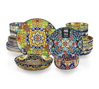 vancasso SIMI Assiettes Service de Table 48 Pièces pour 12 Personnes, Vaisselle en Porcelaine - 12 Assiettes Plates, 12 Assiettes à Dessert, 12 Bols à Pâtes et 12 Bols à Céréales, Style Bohème