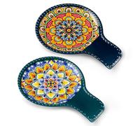 vancasso SIMI Lot de 2 Porte-cuillères en Céramique Style Bohème, Repos Ustensiles de Cuisine pour Spatules, Pinces ou Ustensiles, Lavable au Lave-vaisselle (Vert et Bleu)