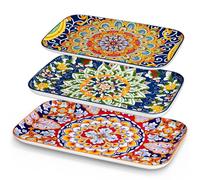 vancasso SIMI Lot de 3 Assiettes Rectangulaires en Porcelaine - 12"/14"/16" Assiettes Plates pour Poulet Grillé, Fruits, Salade et Desserts, Adaptés au Lave-vaisselle et au Micro-ondes, Style Bohème