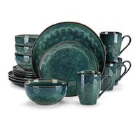 vancasso Starry Service de table rond 16 pièces en grès avec assiettes, assiettes à dessert, bols et tasses pour 4 personnes, vert