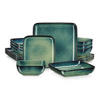Vancasso Stern Vaisselle de table en grès de forme carrée, glaçure réactive, 16 pièces avec assiettes plates, assiettes à dessert, bols et assiettes creuse, pour 4 personnes, vert