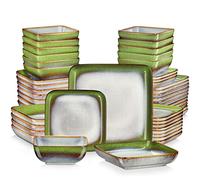 Vancasso Stern Vaisselle de table en grès de forme carrée, glaçure réactive, 48 pièces, assiettes plates, assiettes à dessert, bols et assiettes creuses, pour 12 personnes, bleu-vert