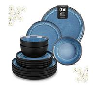 vancasso Vaiselle, 36 Pièces Assiettes Service Complet, Finition mate et Forme de Bord incurvée 12 Personnes - Bleu