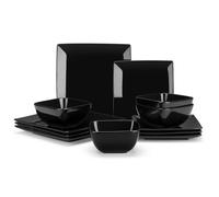 vancasso Vaisselle Noir, Série SOHO 12pcs, Couverts Carrés en Grès, Assiettes Plates, Assiettes à Dessert et Bols - pour 4