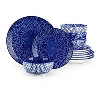 vancasso Vaisselle, Série SELENE 12 pcs, En Porcelaine Bleue et Blanche avec Assiettes Plates, Desserts, Creuses et Bols - pour 4