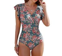 Vancavoo Maillots Une Pièce Femme Gainant Ventre Plat Maillot de Bain 1 Pieces à Manches Volantée Col en V Swimsuit Push Up Swimwear Été，Imprimé Orange，M