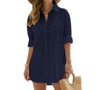 Vancavoo Robe de Plage Femme Tunique Plage Cache Maillot de Bain Été Chemise Longue Boutonnée Cache-Maillots Bikini Cover Up Vêtements de Plage,Bleu Marine,L