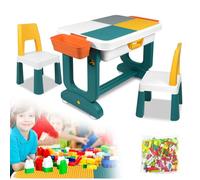 VANCHEMO Table pour enfant multifonction avec chaises et 300 blocs de construction, en plastique, avec espace de rangement, plateau de table double face, idéal pour garçons et filles