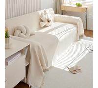 VanderHOME Grand Plaid et Couvre-lit en Gaufré, Protege Canape, Lavable Jeté de canapé, Jete de canape avec Franges Délicates 180 * 420cm-Blanc crème