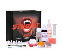 VANERIA Kit de maquillage professionnel SFX pour Halloween, 4 paires de dents de vampire, cire de cicatrice et spatule, capsules de faux sang, éponges, latex liquide effet spécial