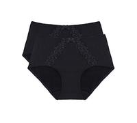 VANEVER Lot de 2 slips pour femme en coton de qualité supérieure avec dentelle exquise, culotte midi en coton, élasthanne taille moyenne, noir Taille 20
