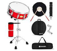 Vangoa Ensemble de caisse claire avec support, support de baguette, sac de caisse claire, sangle, coussinet de sourdine, baguettes 5A, clés de batterie, 35,6 x 14 cm, rouge