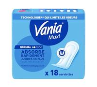 Vania - Serviettes Hygiéniques Maxi Normal (18 pièces) - Serviettes à absorption rapide haute tolérance - Protection périodique avec forme anatomique et 4 barrières protectrices