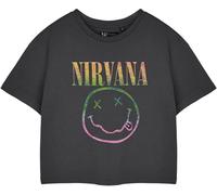 Nirvana T-shirt court gris pour femme à manches courtes | Top court graphique avec logo arc-en-ciel | Vêtements vintage Grunge Band | Cadeau de marchandise musicale pour femme, gris, Medium