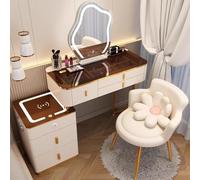 Vanité avec Chaise, Bureau De Vanité avec Miroir Et Lumières, avec Miroir De Gradation à écran Tactile 3 Couleurs, Ensemble De Table De Vanité, avec 3 Tiro, Brown+White, 120.5x40x78cm