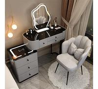 Vanité de maquillage à chargement sans fil avec haut-parleur Bluetooth réglable 3 lumières LED de couleur 6 tiroirs en bois, tabouret parfait pour la chambre familiale (couleur : gris)