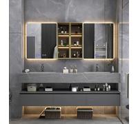 Vanité de salle de bain à double évier avec miroir antibuée intelligent, armoire latérale en verre, comptoir en marbre, évier monobloc et robinet