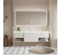 Vanité de salle de bain, design flottant moderne avec miroir anti-buée intelligent, armoire murale, tiroirs de rangement et éclairage de capteur, construction en bois massif