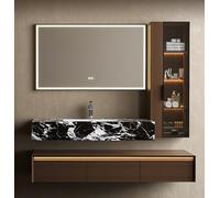 Vanité de salle de bain flottante avec évier, ensemble de vanité moderne avec miroir LED, armoire latérale en verre, bois massif, comptoir en marbre, évier en céramique