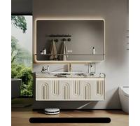 Vanité de salle de bain flottante avec miroir antibuée intelligent, comptoir en marbre et éclairage de capteur pour rangement de salle de bain moderne