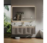 Vanité de salle de bain flottante avec miroir antibuée intelligent, comptoir en marbre et éclairage de capteur pour rangement de salle de bain moderne