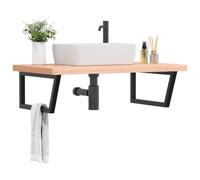 Vanité murale pour salle de bain, dessus en bois d'hêtre massif 100 x 60 cm et cadre en acier noir, étagère d'évier peu encombrante, design moderne pour les petites salles de bain
