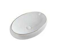 Vanité Vasque en céramique blanche ovale Combo de lavabo et de drain pop-up Forme d'œuf moderne au-dessus du comptoir Bol de salle de bain, décoration élégante de bord doré Moderne(61cm)