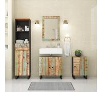 Vanitopaz Ensemble de 4 meubles de salle de bain en bois massif vieilli avec meuble sous lavabo, armoire à miroir, armoire haute et armoire suspendue, espace de rangement spacieux, pieds en fer