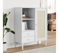 Vanitopaz SENJA Meuble haut aspect rotin blanc en pin massif 90 x 40 x 112 cm avec 2 tiroirs et 5 compartiments d'espace de rangement pour salon, salle à manger, couloir, peu encombrant et ordonné