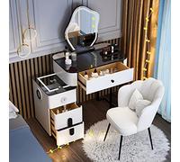 Vanity de maquillage LED avec miroir, station de charge USB, tabouret en peluche, surface en verre, tiroir mobile, décoration de chambre à coucher - Couleur blanche