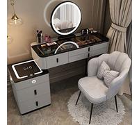 Vanity de maquillage sans fil avec haut-parleur Bluetooth, miroir LED, 5 tiroirs et tabouret de maquillage élégant pour chambre à coucher et dressing