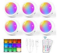 Vankarr Lampe de Placard Rechargeable USB Lampe LED Veilleuse Sans Fil RGB 13 Couleurs avec Télécommande Spot LED pour Armoire, Vitrines, Couloir, Chambre, 6 Pièces