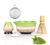 Vankarr Matcha Kit 5 pièces Matcha set - comprenant un fouet en bambou une cuillère un tamis un bol à Matcha de 520 ml et un support accessoire de cérémonie du thé,vert