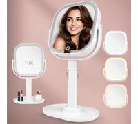 Vankarr Miroir Grossissant Lumineux, 10X/1X Double Face, Miroir Cosmétique Rechargeable avec 3 Couleurs, Rotation 360°, Mirroir Maquillage Lumineux Hauteur réglable