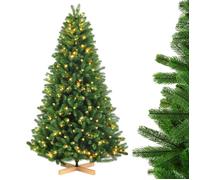 VANKEL Sapin de Noël Artificiel 210CM PE+PVC avec Guirlande LED et Support en Bois, 1276 Branches Denses