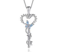 VANLAMS Collier en argent sterling S925 avec pendentif en forme d'ailes d'ange pour femme, pendentif cœur avec clé papillon - Cadeaux d'anniversaire, 1.5*0.6 inches, Cristal, Zircone cubique